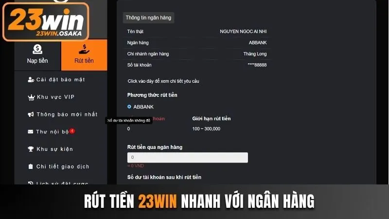 Rút tiền 23win nhanh với ngân hàng